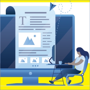 An illustration of a woman browsing a blog on a giant monitor