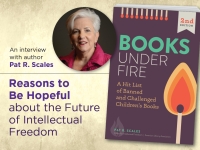 a photo of author Pat R. Scales alongside the book cover for Books under Fire: A Hit List of Banned and Challenged Children's Books, Second Edition