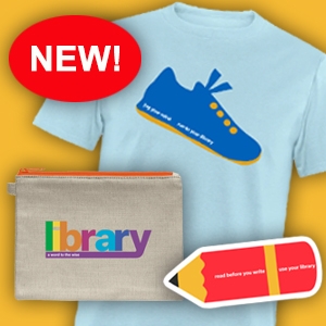 Library-themed merchandise including a t-shirt, pouch, and pencil-shaped sticker.